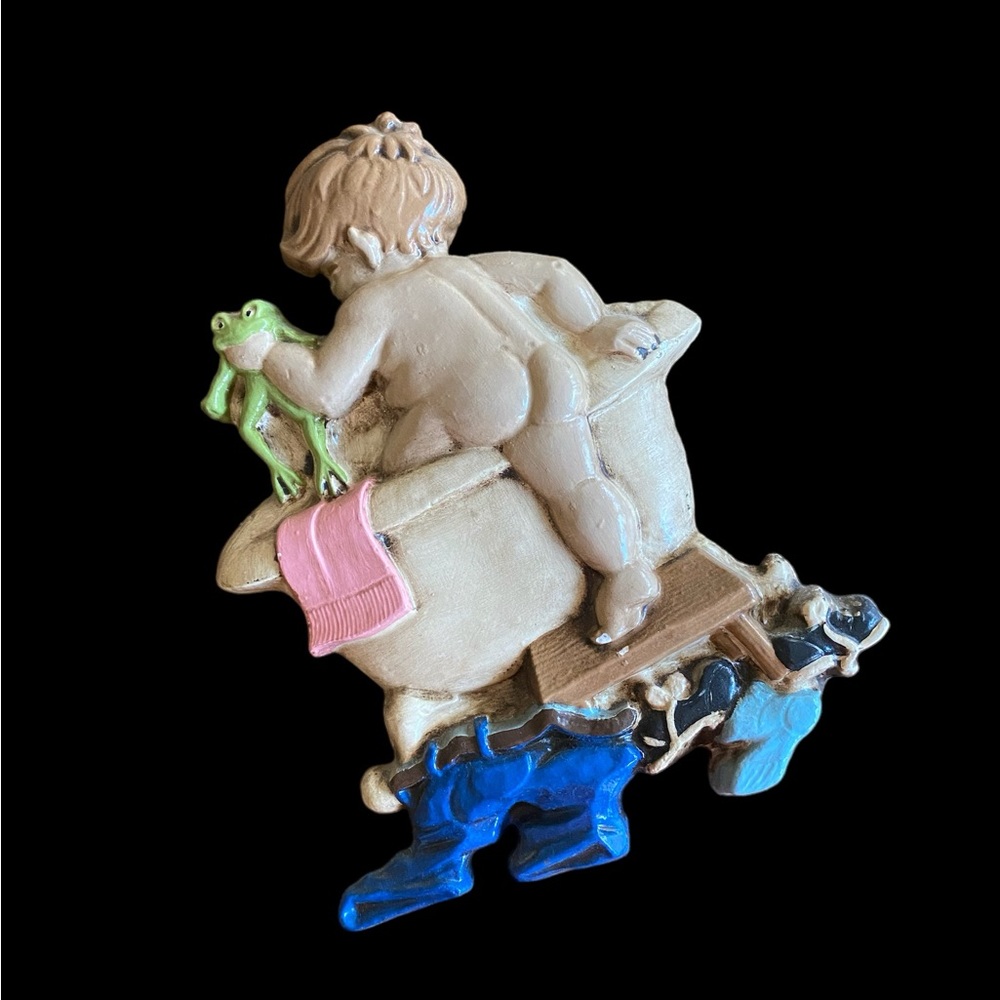 Vintage 1969 Miller Studio Chalkware Boy Bathing Frog Wall Plaque 10x8